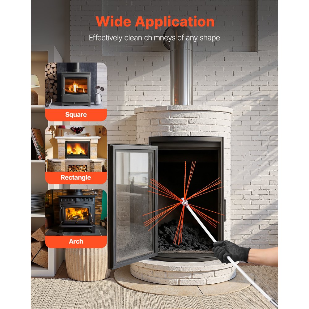 VEVOR Chimney Sweep Kit, 39 ft Maximum Extendable Length Chimney Sweep, Chimneys Cleaning Kit with Bristle Replacements & Goggles, 90° Bendable Fireplace Cleaning Tool, for Square, Rectangle Chimneys