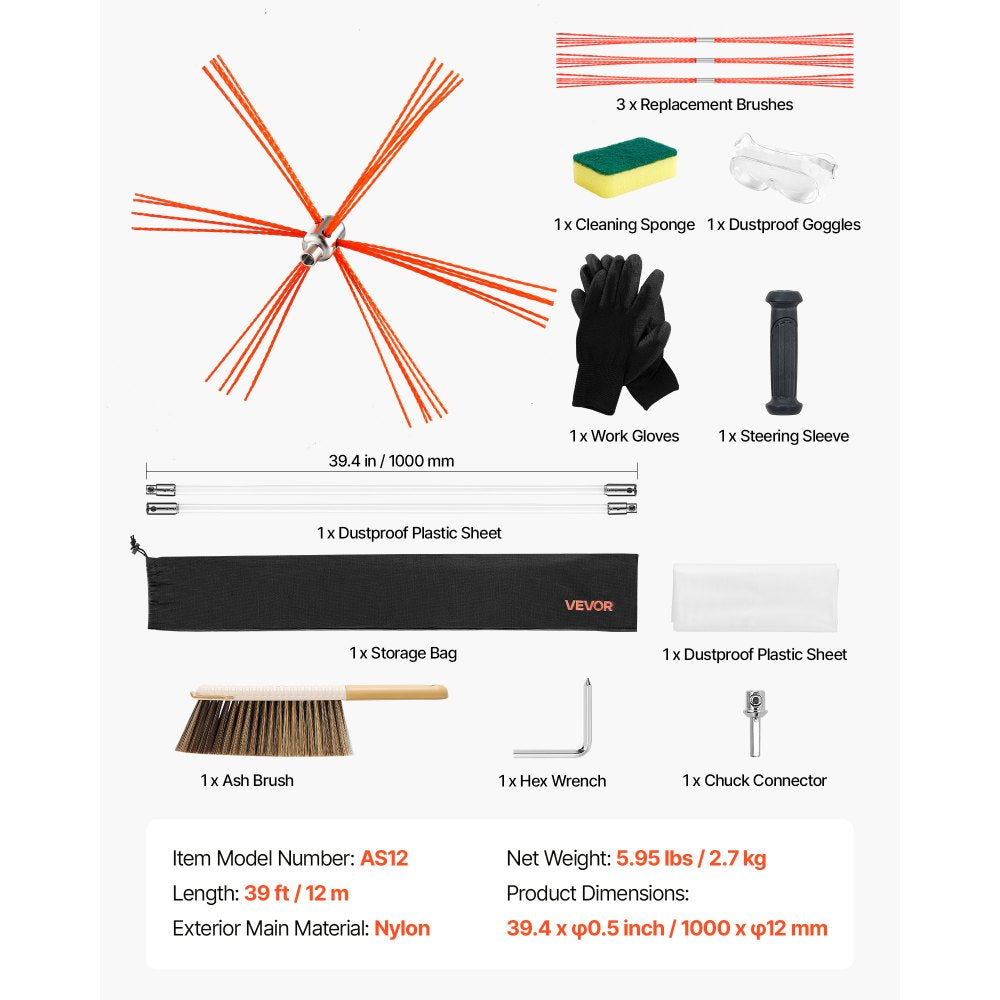 VEVOR Chimney Sweep Kit, 39 ft Maximum Extendable Length Chimney Sweep, Chimneys Cleaning Kit with Bristle Replacements & Goggles, 90° Bendable Fireplace Cleaning Tool, for Square, Rectangle Chimneys