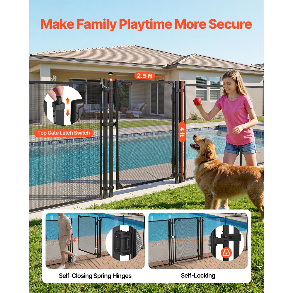 VEVOR Pool Fence Gate, 4 x 2.5 ft Inground Swimming Pool Fences Gate, Outdoor Security Fencing Door Kit with Self-Closing and Self-Locking Design, 352 gsm Teslin PVC Mesh, Easy Installation, Black