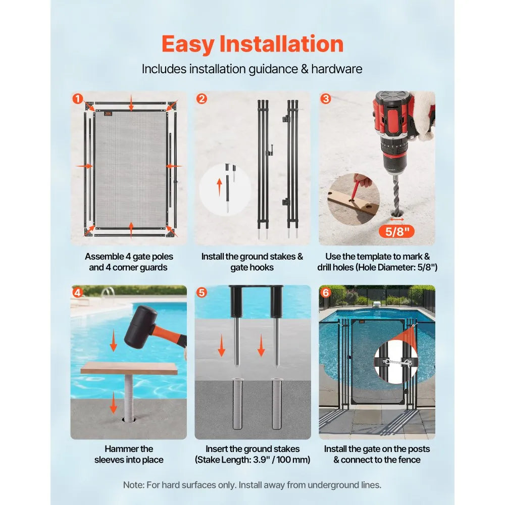 VEVOR Pool Fence Gate, 4 x 2.5 ft Inground Swimming Pool Fences Gate, Outdoor Security Fencing Door Kit with Metal Latch, 352 gsm Teslin PVC Mesh, Round Tube, Lockable and Easy Installation, Black