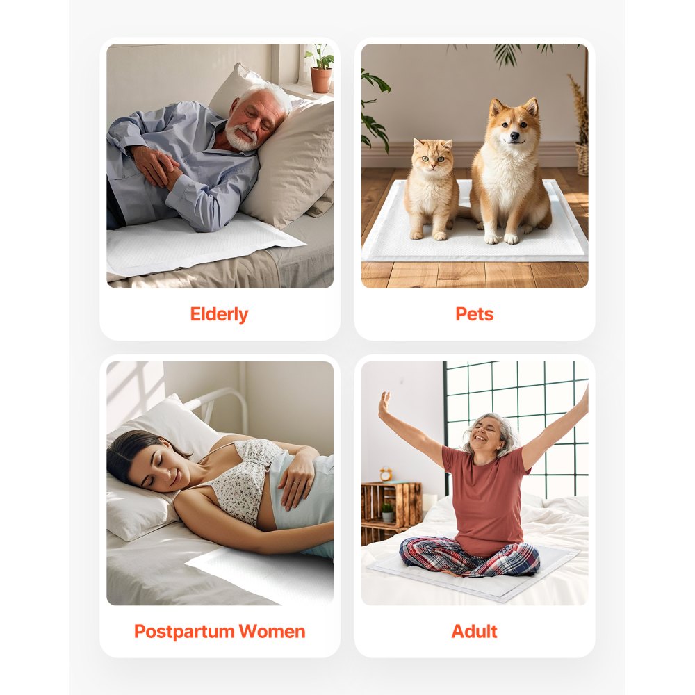 VEVOR Disposable Underpads, 24" x 36" Incontinence Bed Pads, Super Absorbent Chux Pads with 5-Layer Protection for Bed Sofa and Mattress, Protective Bedwetting Pad for Pet Adult Kid Elderly (70-Pack)