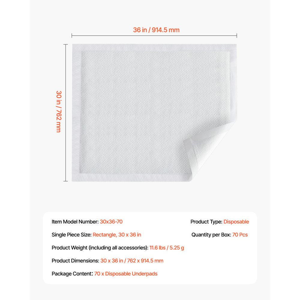 VEVOR Disposable Underpads, 30" x 36" Incontinence Bed Pads, Super Absorbent Chux Pads with 5-Layer Protection for Bed Sofa and Mattress, Protective Bedwetting Pad for Pet Adult Kid Elderly (70-Pack)
