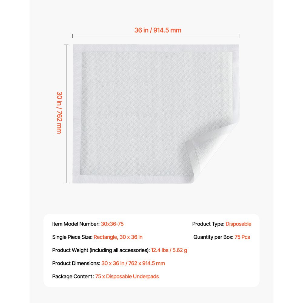 VEVOR Disposable Underpads, 30" x 36" Incontinence Bed Pads, Super Absorbent Chux Pads with 5-Layer Protection for Bed Sofa and Mattress, Protective Bedwetting Pad for Pet Adult Kid Elderly (75-Pack)