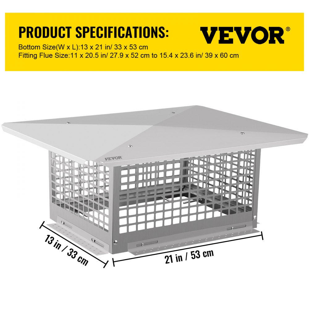 VEVOR Chimney Cap, 13\" x 21\" Flue Caps, 304 Stainless Steel Fireplace Chimney Cover, Adjustable Metal Spark Arrestor with Bolts Screws, Mesh Chimney Flue Cover for Outside Existing Clay Flue Tile