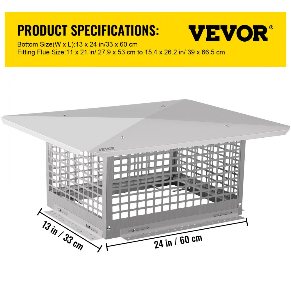VEVOR Chimney Cap, 13\" x 24\" Flue Caps, 304 Stainless Steel Fireplace Chimney Cover, Adjustable Metal Spark Arrestor with Bolts Screws, Mesh Chimney Flue Cover for Outside Existing Clay Flue Tile