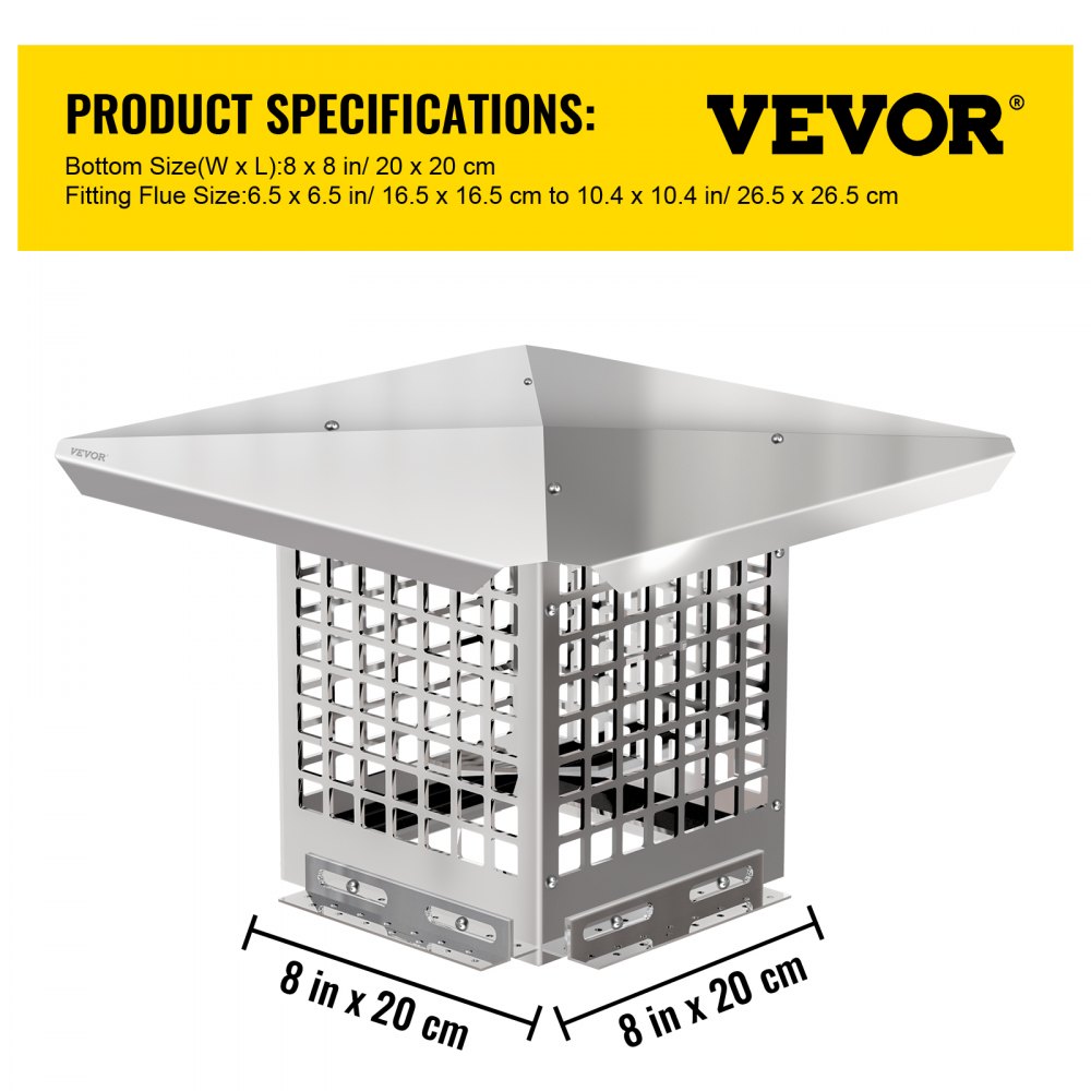 VEVOR Chimney Cap, 8\" x 8\" Flue Caps, 304 Stainless Steel Fireplace Chimney Cover, Adjustable Metal Spark Arrestor with Bolts Screws, Mesh Chimney Flue Cover for Outside Existing Clay Flue Tile