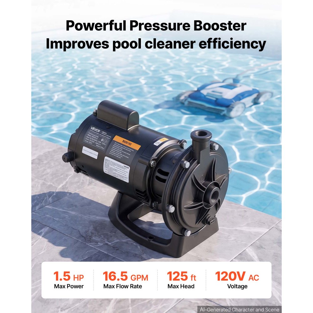 VEVOR Booster Pump 1.5 HP 16.5 GPM ODP Motor for Pressure Side Pool Cleaner, AC 120V Pool Booster Pump, 125 ft Max Head, NPT 3/4 in Inlet/Outlet, Wide Compatibility, Quick Connect Easy Installation