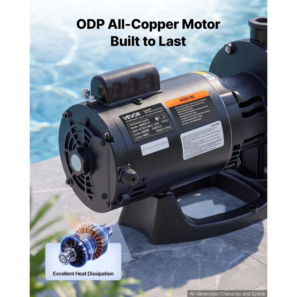 VEVOR Booster Pump 1.5 HP 40 GPM ODP Motor for Pressure Side Pool Cleaners, AC 120V Pool Booster Pump, 140 ft Max Head, NPT 3/4 in Inlet/Outlet, Wide Compatibility, Quick Connect Easy Installation