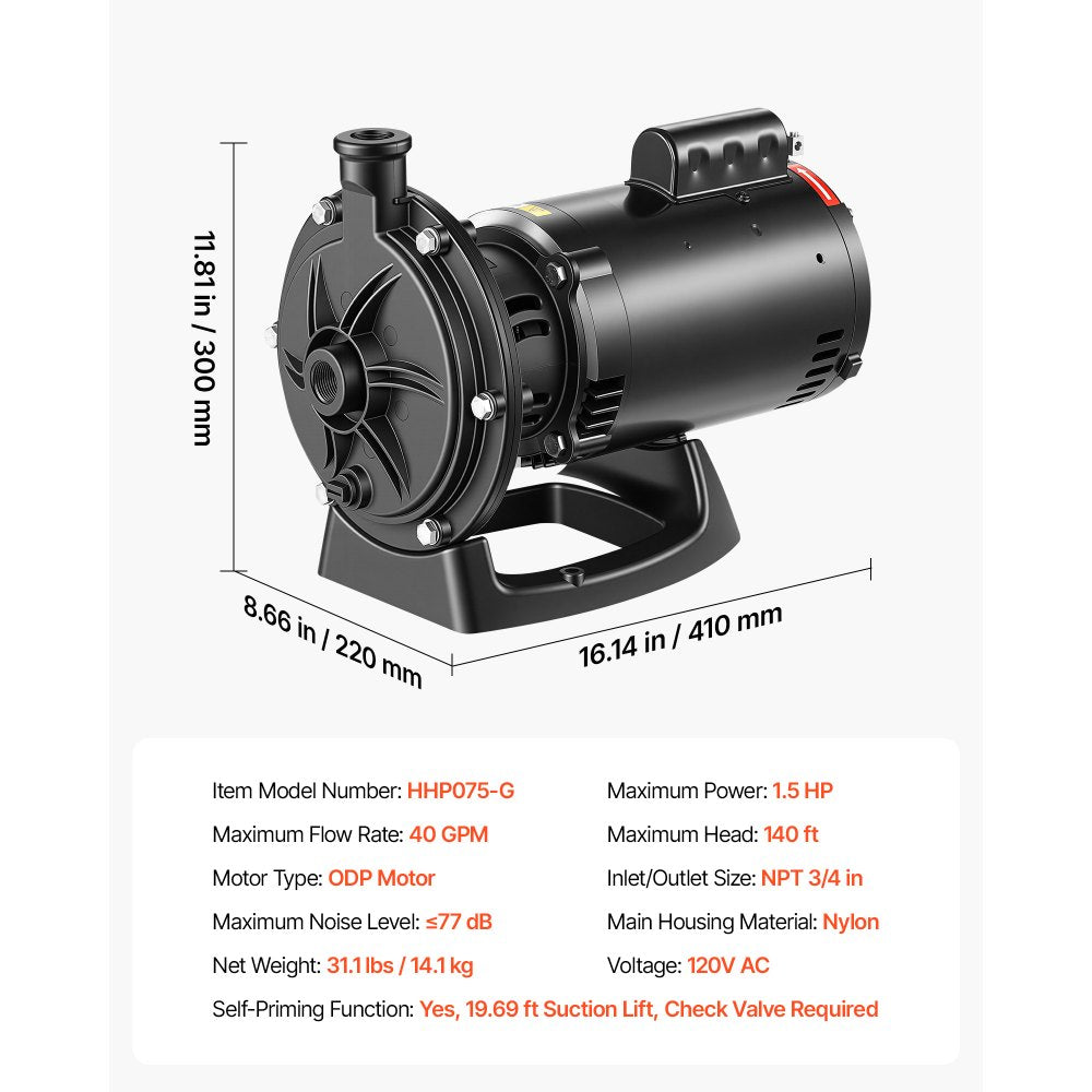 VEVOR Booster Pump 1.5 HP 40 GPM ODP Motor for Pressure Side Pool Cleaners, AC 120V Pool Booster Pump, 140 ft Max Head, NPT 3/4 in Inlet/Outlet, Wide Compatibility, Quick Connect Easy Installation