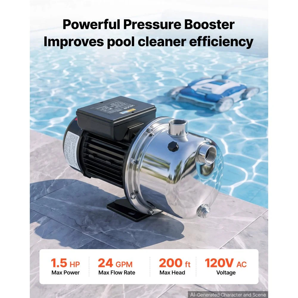 VEVOR Booster Pump 1.5 HP 24 GPM TEFC Motor for Pressure Side Pool Cleaners, AC 120V Pool Booster Pump, 200 ft Max Head, NPT 1 in Inlet/Outlet, Wide Compatibility, Easy Install with Quick Connect Kit