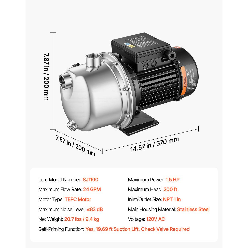 VEVOR Booster Pump 1.5 HP 24 GPM TEFC Motor for Pressure Side Pool Cleaners, AC 120V Pool Booster Pump, 200 ft Max Head, NPT 1 in Inlet/Outlet, Wide Compatibility, Easy Install with Quick Connect Kit