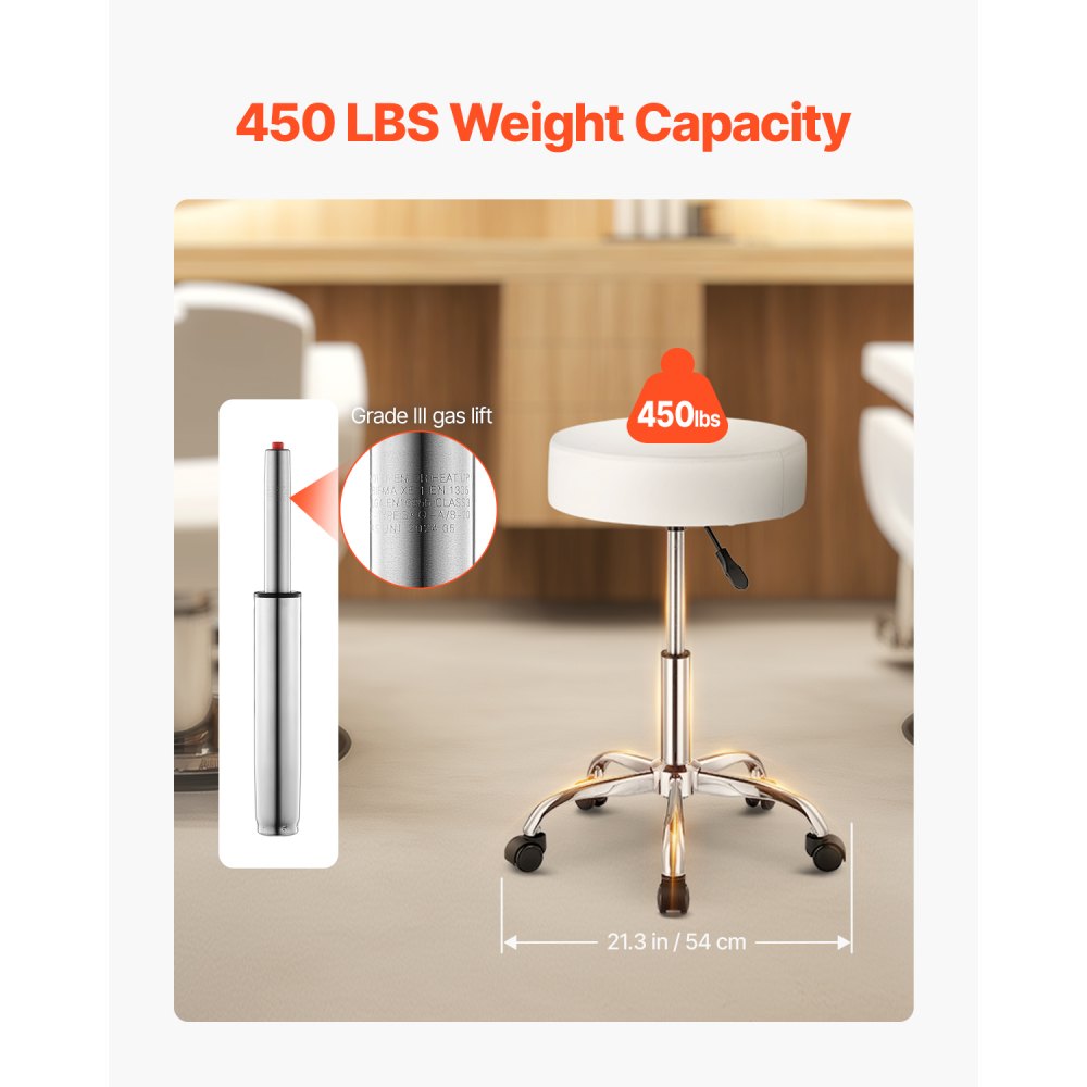 VEVOR Rolling Stool with Wheels, 450 LBS Weight Capacity Round Rolling Stool Chair, Height Adjustable Thickened PU Leather Swivel Stool for Salon, Spa, Massage, Tattoo, Clinic, White