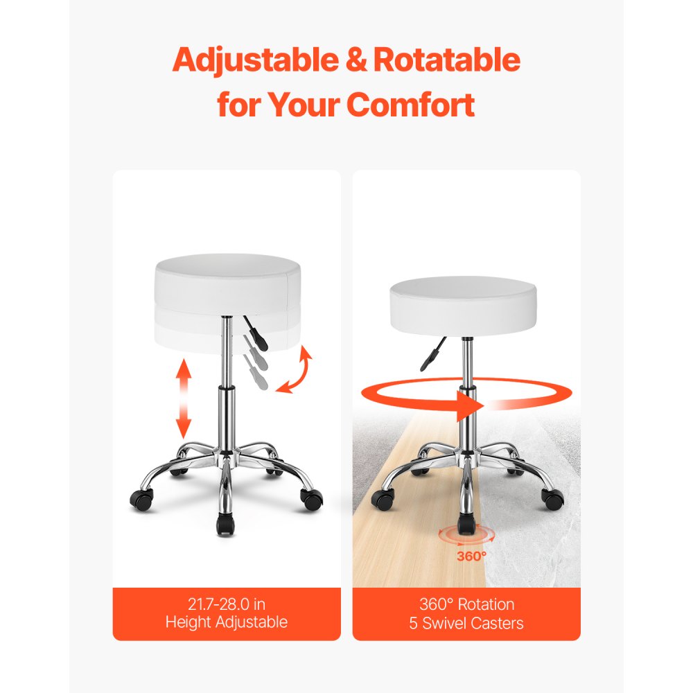VEVOR Rolling Stool with Wheels, 450 LBS Weight Capacity Round Rolling Stool Chair, Height Adjustable Thickened PU Leather Swivel Stool for Salon, Spa, Massage, Tattoo, Clinic, White