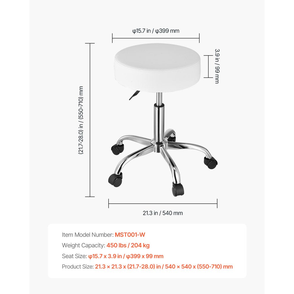 VEVOR Rolling Stool with Wheels, 450 LBS Weight Capacity Round Rolling Stool Chair, Height Adjustable Thickened PU Leather Swivel Stool for Salon, Spa, Massage, Tattoo, Clinic, White