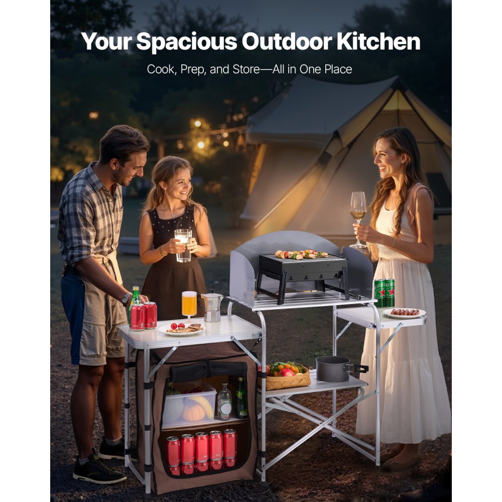 VEVOR Outdoor 2-Tier Kitchen with Zippered Bag, Portable Folding Cook Table for BBQ, Party and Camping, Brown