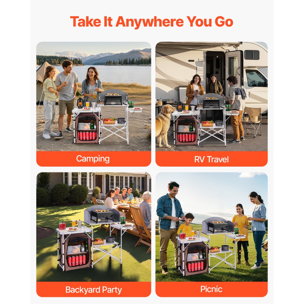 VEVOR Outdoor 2-Tier Kitchen with Zippered Bag, Portable Folding Cook Table for BBQ, Party and Camping, Brown