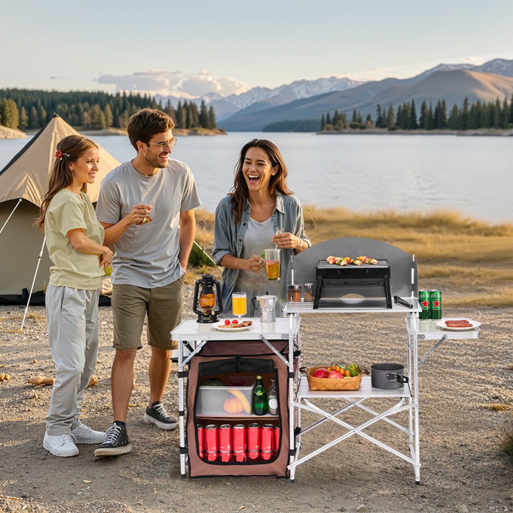 VEVOR Outdoor 2-Tier Kitchen with Zippered Bag, Portable Folding Cook Table for BBQ, Party and Camping, Brown