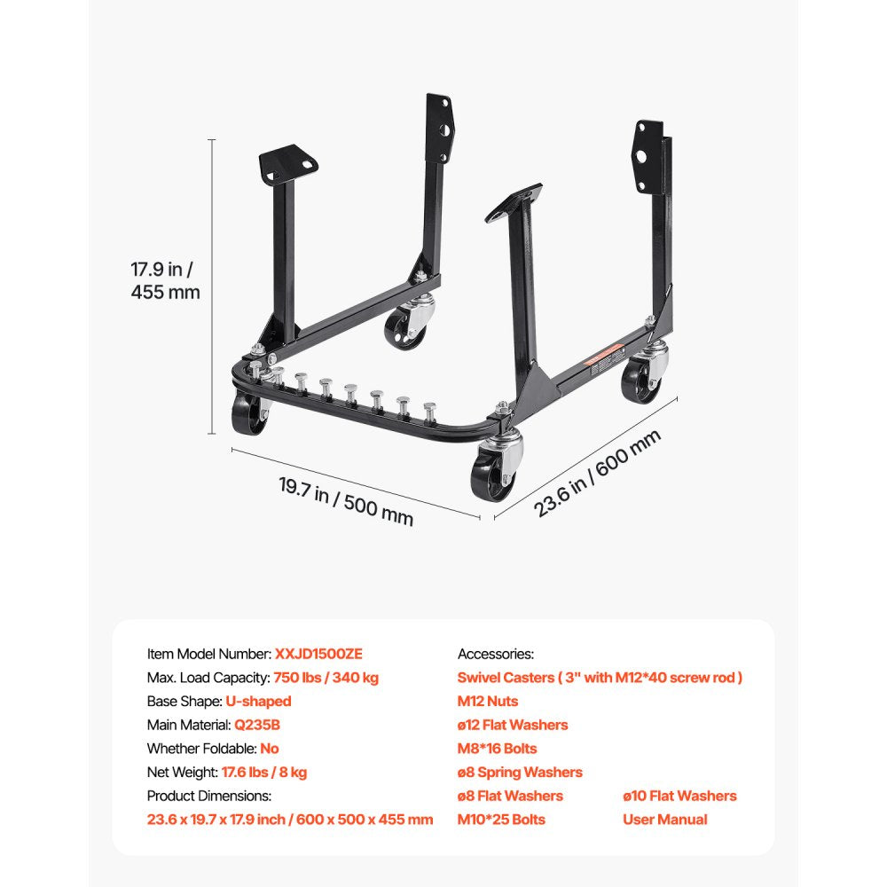 VEVOR Engine Stand, 750 LBS Load Capacity Engine Motor Stand, Heavy-Duty Steel Motor Holder with 4 Swivel Casters and 4 Hook Positions, Suitable for BB-CHEVY and GEN-1 SB-CHEVY Engines