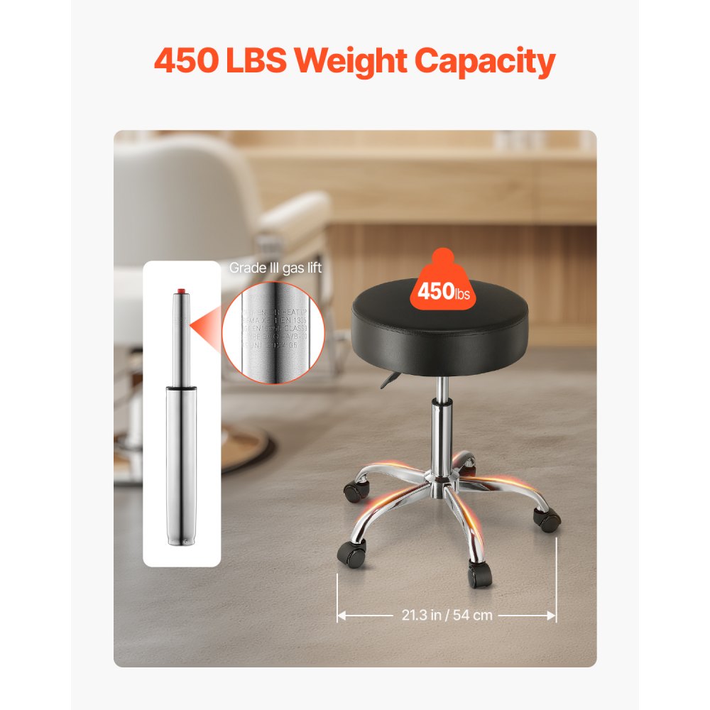 VEVOR Rolling Stool with Wheels, 450 LBS Weight Capacity Round Rolling Stool Chair, Height Adjustable Thickened PU Leather Swivel Stool for Salon, Spa, Massage, Tattoo, Clinic, Black