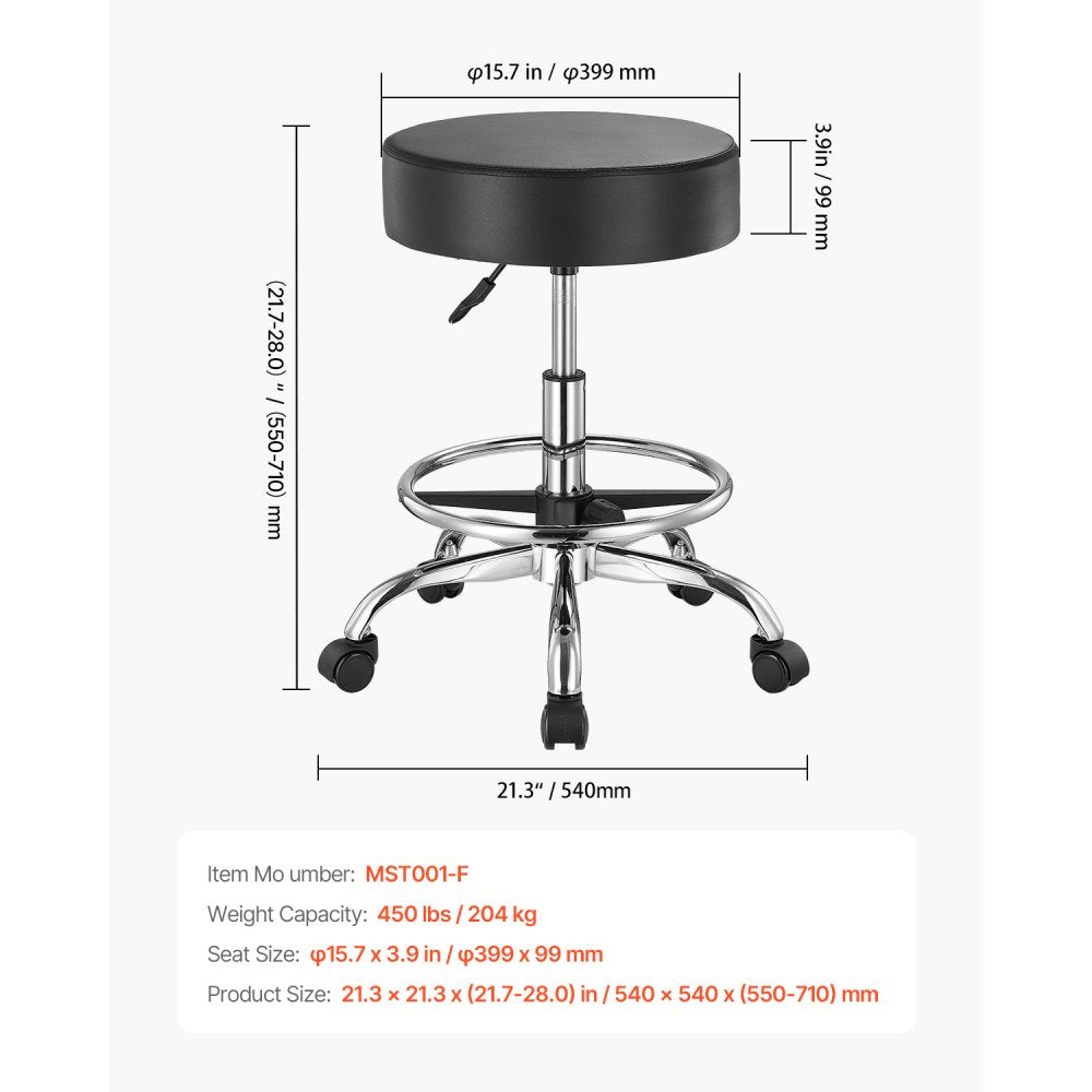 VEVOR Rolling Stool with Foot Rest and Wheels, 450 LBS Weight Capacity Round Rolling Stool Chair, Height Adjustable Thickened PU Leather Swivel Stool for Salon, Spa, Massage, Tattoo, Clinic, Black