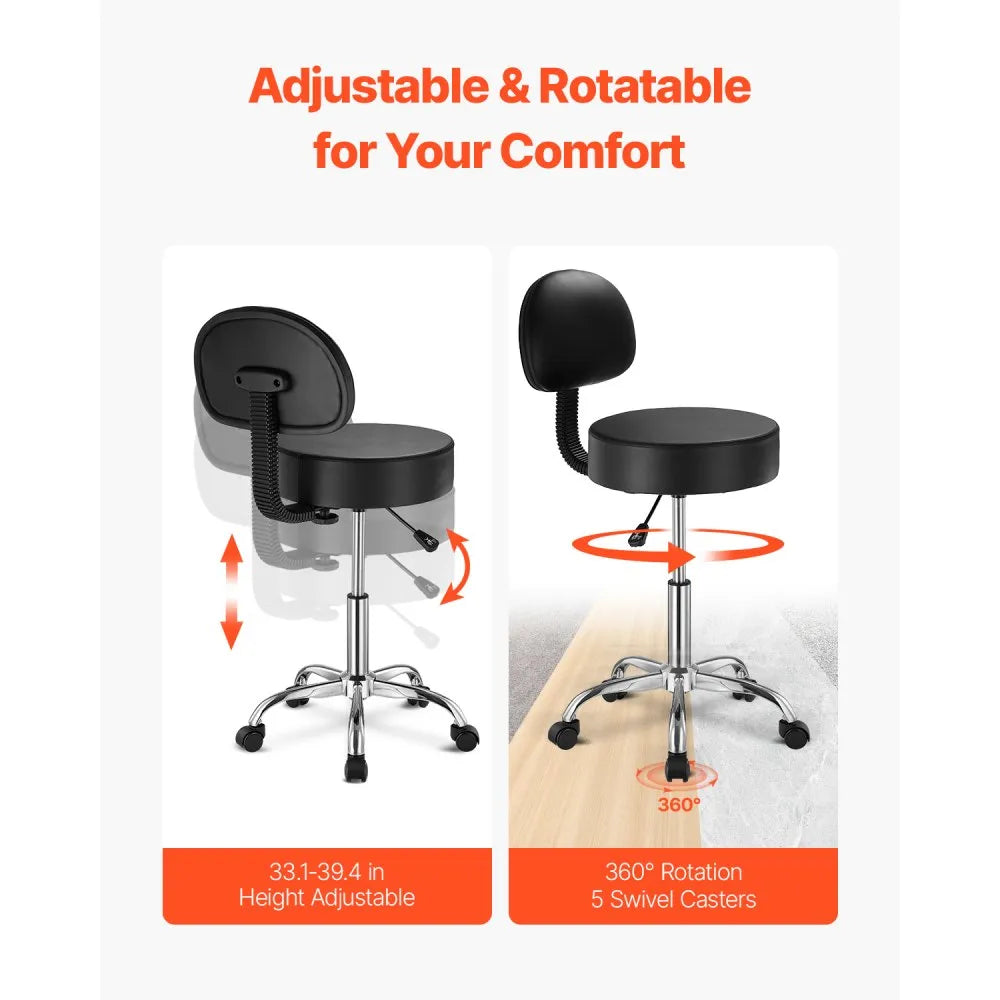 VEVOR Rolling Stool with Back Support and Wheels, 450 LBS Weight Capacity Round Rolling Stool Chair, Height Adjustable Thickened PU Leather Swivel Stool for Salon, Spa, Massage, Tattoo, Clinic, Black
