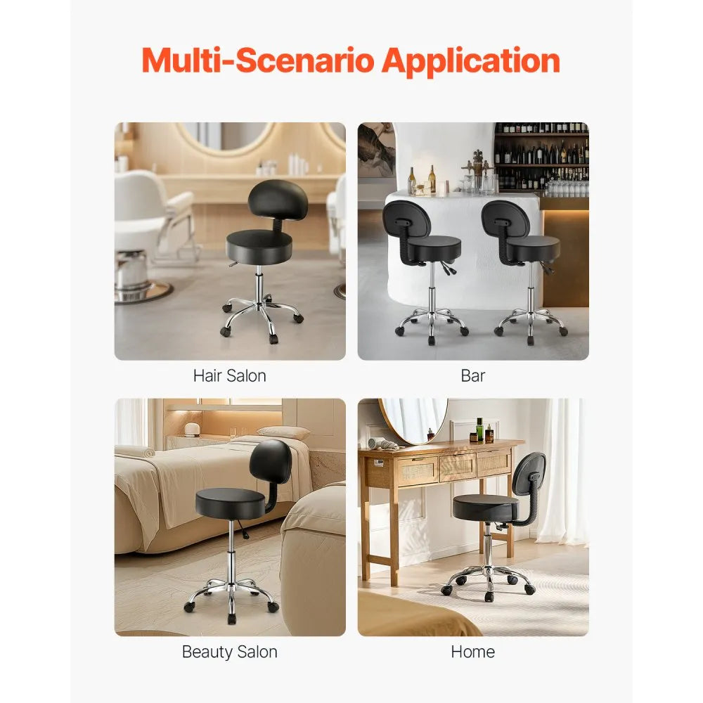 VEVOR Rolling Stool with Back Support and Wheels, 450 LBS Weight Capacity Round Rolling Stool Chair, Height Adjustable Thickened PU Leather Swivel Stool for Salon, Spa, Massage, Tattoo, Clinic, Black