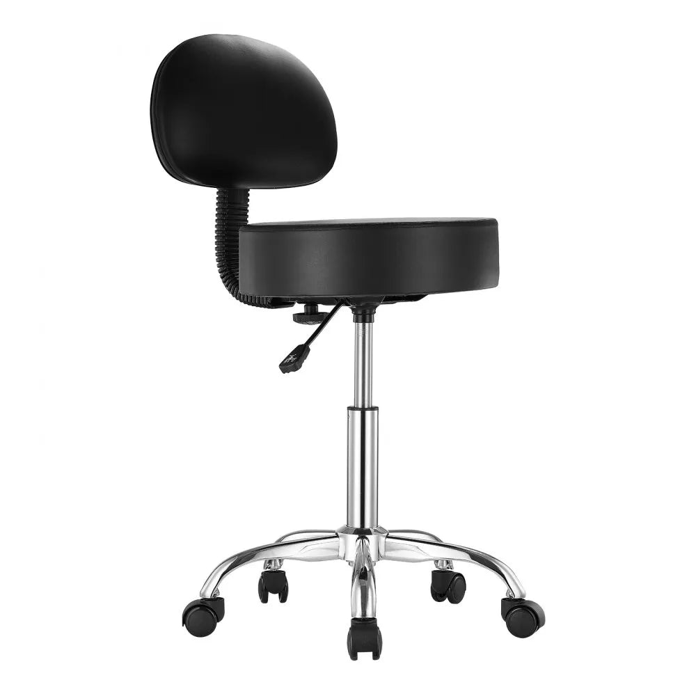 VEVOR Rolling Stool with Back Support and Wheels, 450 LBS Weight Capacity Round Rolling Stool Chair, Height Adjustable Thickened PU Leather Swivel Stool for Salon, Spa, Massage, Tattoo, Clinic, Black