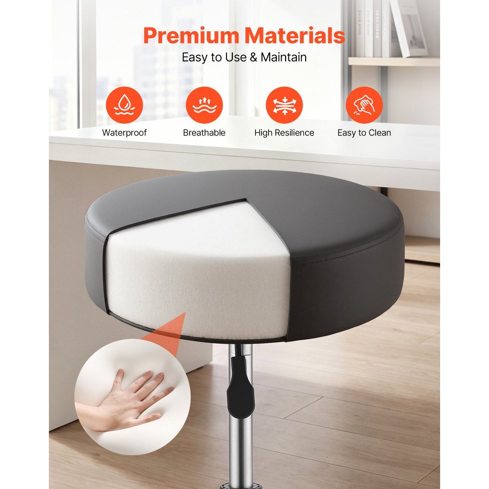 VEVOR Rolling Stool with Wheels, 500 lbs Weight Capacity, Height Adjustable, Quiet Casters, Thick Cushion Ergonomic PU Leather Seat, 360° Swivel Round Rolling Stool Chair for Salon, Clinic, Black