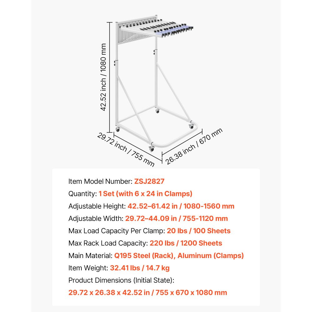 VEVOR Blueprint Storage Rack, Steel, Mobile Adjustable Blueprint Holder with 6 Pack of 24 Inch Aluminum Clamps, 4 Wheels, Display Rack Storage Organizer Stand, for File Display Plan Poster Office Home