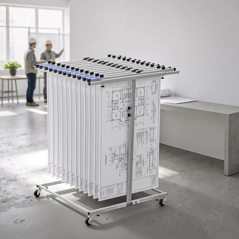 VEVOR Blueprint Storage Rack, Steel, Mobile Adjustable Blueprint Holder, Vertical Drawing Rack with Wheels, File Storage Organizer Stand, for Construction Plans Posters Home Office, Without Clamps