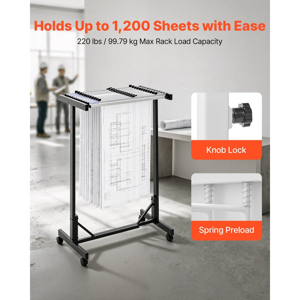 VEVOR Blueprint Storage Rack, Steel, Mobile Adjustable Blueprint Holder with 12 Pack of 30 Inch Aluminum Clamps, Wheels, Display Rack Storage Organizer Stand, for File Display Plan Poster Office Home