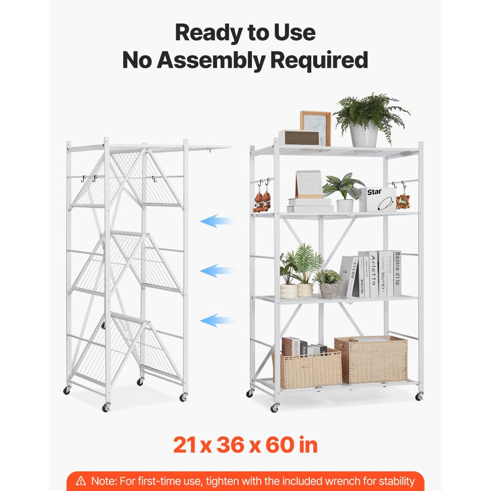 VEVOR 4-Tier Foldable Storage Shelf, 36W x 21D x 60 H Inch Folding Metal Rack Shelving Unit, No Assembly Organizer Shelf with 5 Wheels & 4 Hooks for Pantry, Kitchen, Garage, Basement, White