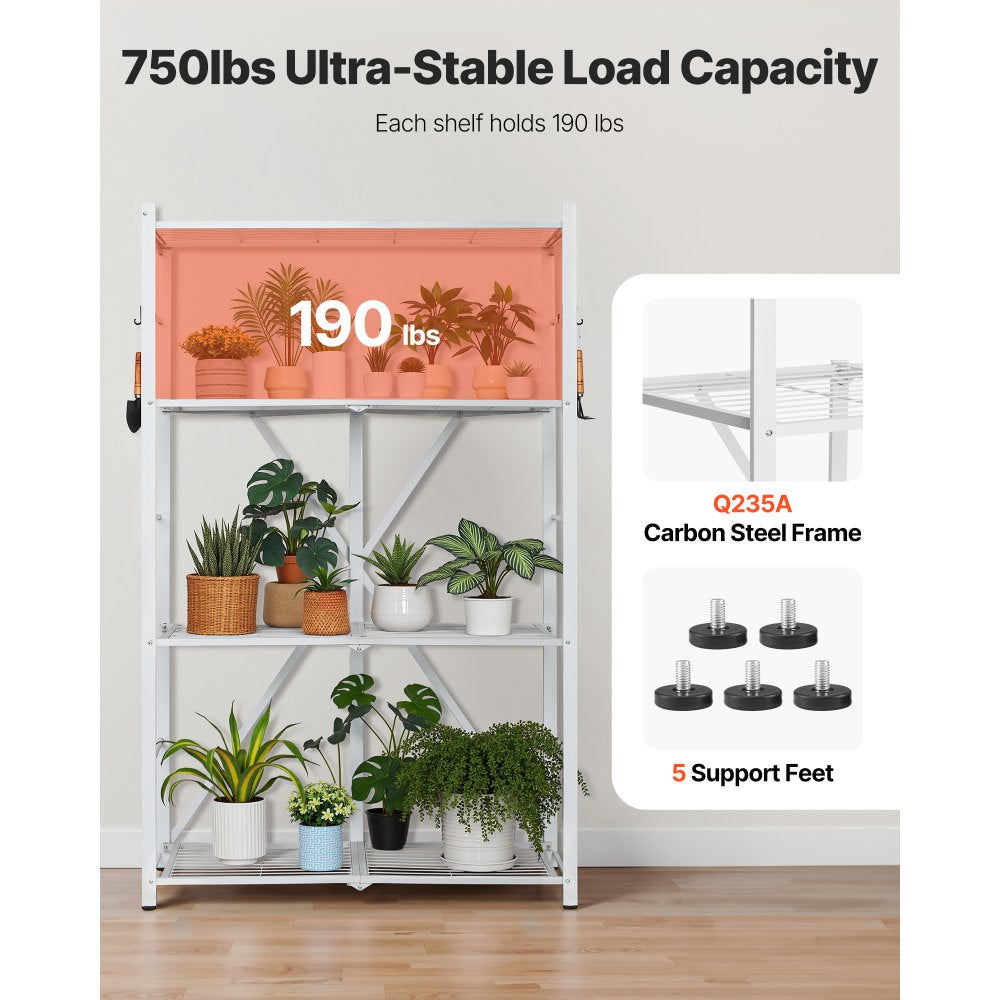 VEVOR 4-Tier Foldable Storage Shelf, 36W x 21D x 60 H Inch Folding Metal Rack Shelving Unit, No Assembly Organizer Shelf with 5 Wheels & 4 Hooks for Pantry, Kitchen, Garage, Basement, White