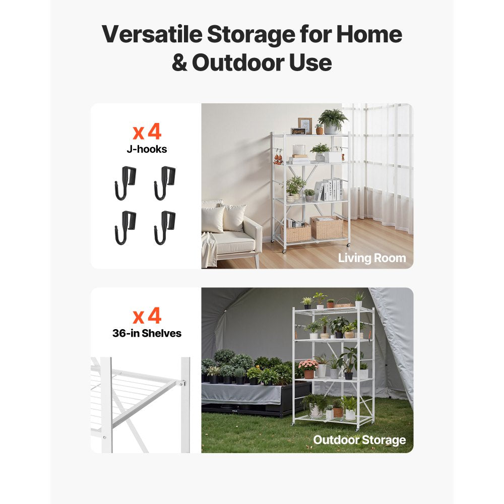 VEVOR 4-Tier Foldable Storage Shelf, 36W x 21D x 60 H Inch Folding Metal Rack Shelving Unit, No Assembly Organizer Shelf with 5 Wheels & 4 Hooks for Pantry, Kitchen, Garage, Basement, White