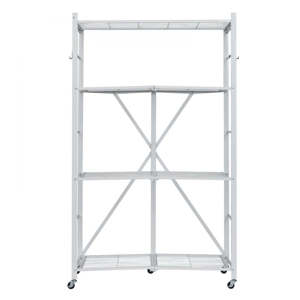 VEVOR 4-Tier Foldable Storage Shelf, 36W x 21D x 60 H Inch Folding Metal Rack Shelving Unit, No Assembly Organizer Shelf with 5 Wheels & 4 Hooks for Pantry, Kitchen, Garage, Basement, White