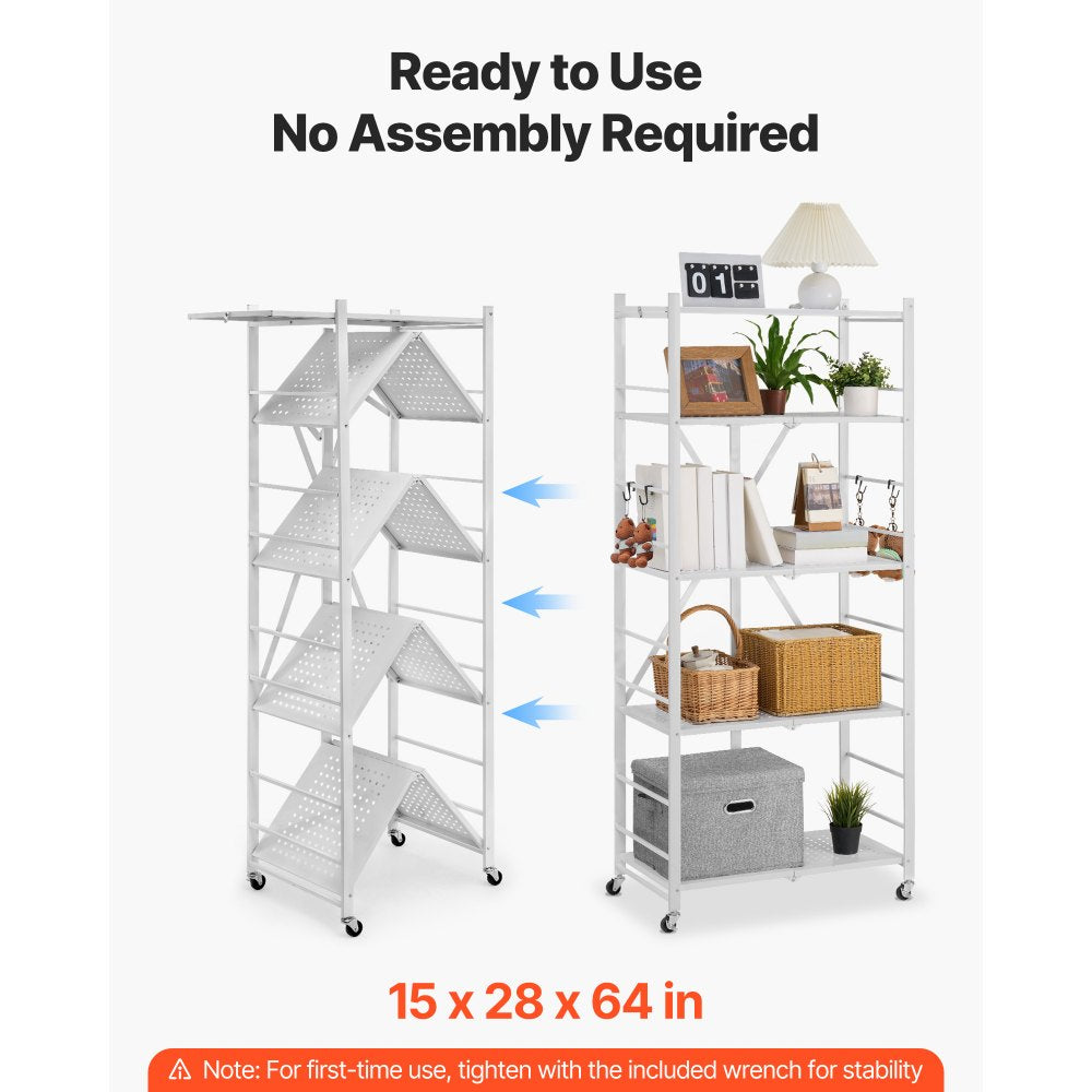 VEVOR 5-Tier Foldable Storage Shelf, 28 W x 15D x 64H Inch Folding Metal Rack Shelving Unit, No Assembly Organizer Shelf with 5 Wheels & 4 Hooks for Pantry, Kitchen, Garage, Basement, White