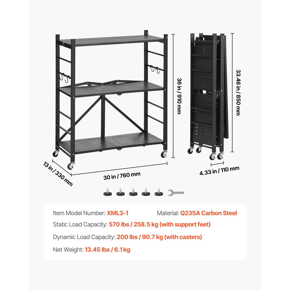VEVOR 3-Tier Foldable Storage Shelf, 30W x 13D x 36H Inch Folding Metal Rack Shelving Unit, No Assembly Organizer Shelf with 5 Wheels & 4 Hooks for Pantry, Kitchen, Garage, Basement, Black