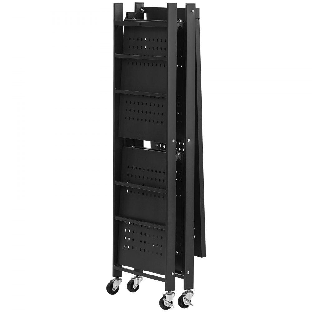 VEVOR 3-Tier Foldable Storage Shelf, 30W x 13D x 36H Inch Folding Metal Rack Shelving Unit, No Assembly Organizer Shelf with 5 Wheels & 4 Hooks for Pantry, Kitchen, Garage, Basement, Black