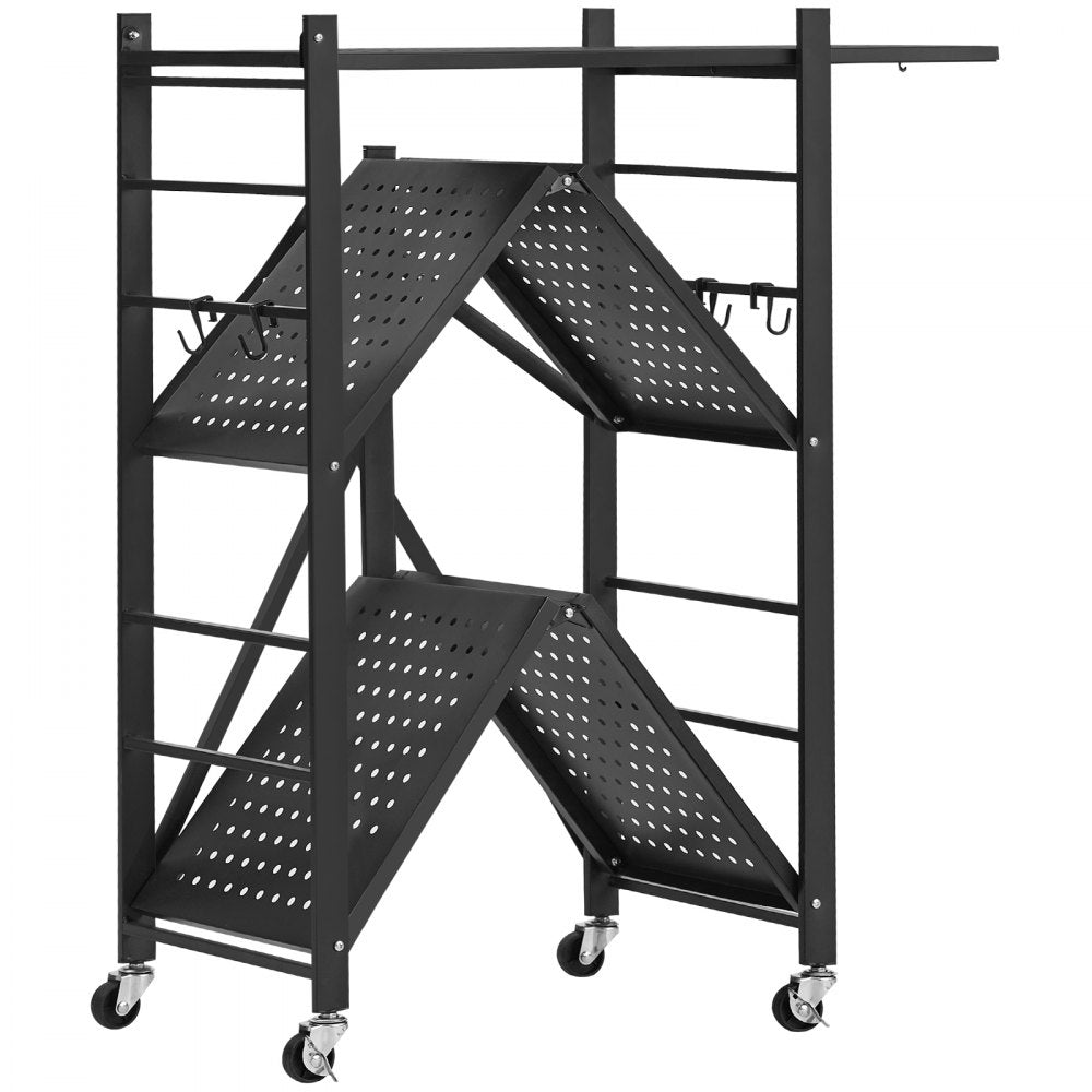 VEVOR 3-Tier Foldable Storage Shelf, 30W x 13D x 36H Inch Folding Metal Rack Shelving Unit, No Assembly Organizer Shelf with 5 Wheels & 4 Hooks for Pantry, Kitchen, Garage, Basement, Black