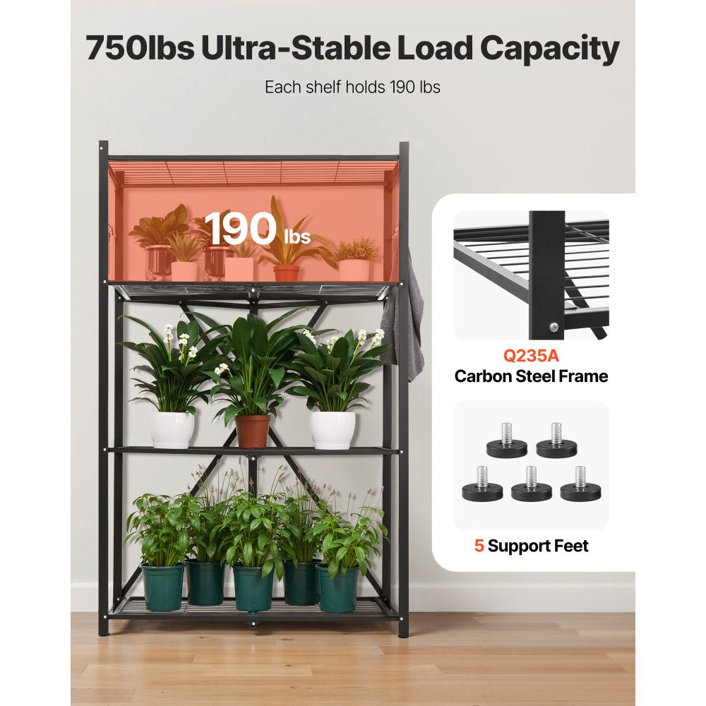 VEVOR 4-Tier Foldable Storage Shelf, 36W x 21D x 60H Inch Folding Metal Rack Shelving Unit, No Assembly Organizer Shelf with 5 Wheels & 4 Hooks for Pantry, Kitchen, Garage, Basement, Black