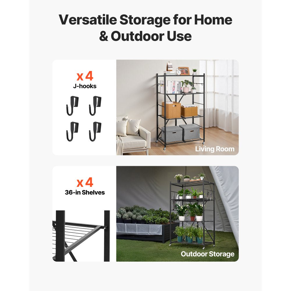 VEVOR 4-Tier Foldable Storage Shelf, 36W x 21D x 60H Inch Folding Metal Rack Shelving Unit, No Assembly Organizer Shelf with 5 Wheels & 4 Hooks for Pantry, Kitchen, Garage, Basement, Black