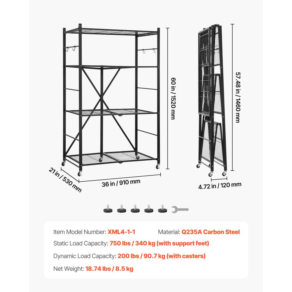 VEVOR 4-Tier Foldable Storage Shelf, 36W x 21D x 60H Inch Folding Metal Rack Shelving Unit, No Assembly Organizer Shelf with 5 Wheels & 4 Hooks for Pantry, Kitchen, Garage, Basement, Black