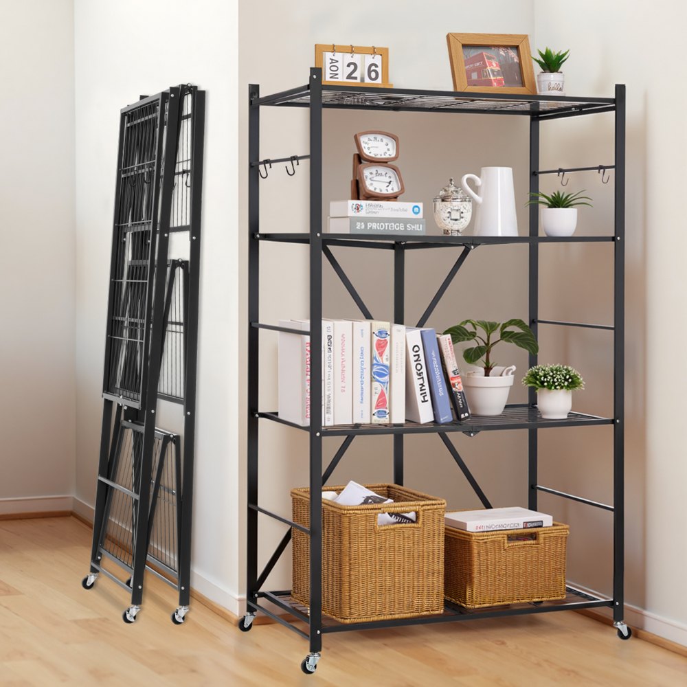 VEVOR 4-Tier Foldable Storage Shelf, 36W x 21D x 60H Inch Folding Metal Rack Shelving Unit, No Assembly Organizer Shelf with 5 Wheels & 4 Hooks for Pantry, Kitchen, Garage, Basement, Black