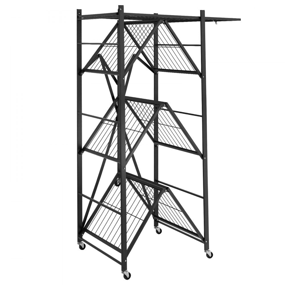 VEVOR 4-Tier Foldable Storage Shelf, 36W x 21D x 60H Inch Folding Metal Rack Shelving Unit, No Assembly Organizer Shelf with 5 Wheels & 4 Hooks for Pantry, Kitchen, Garage, Basement, Black