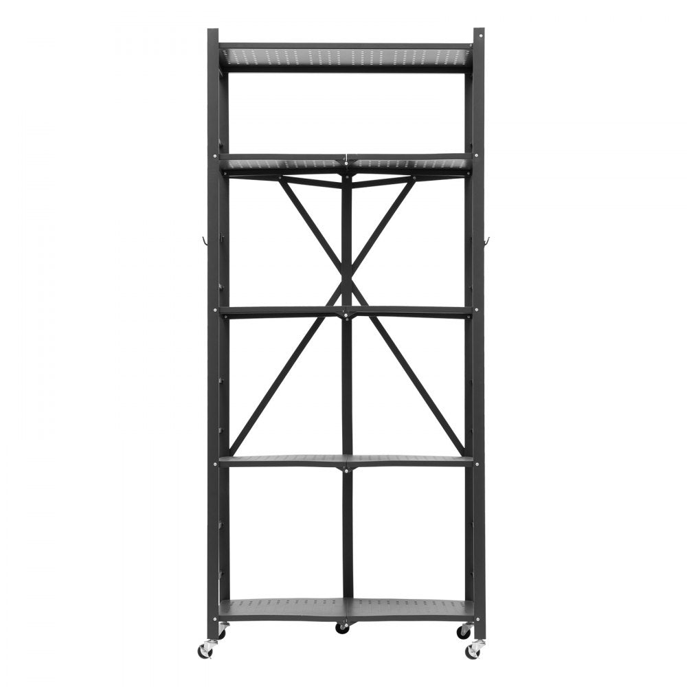 VEVOR 5-Tier Foldable Storage Shelf, 28W x 15D x 64H Inch Folding Metal Rack Shelving Unit, No Assembly Organizer Shelf with 5 Wheels & 4 Hooks for Pantry, Kitchen, Garage, Basement, Black