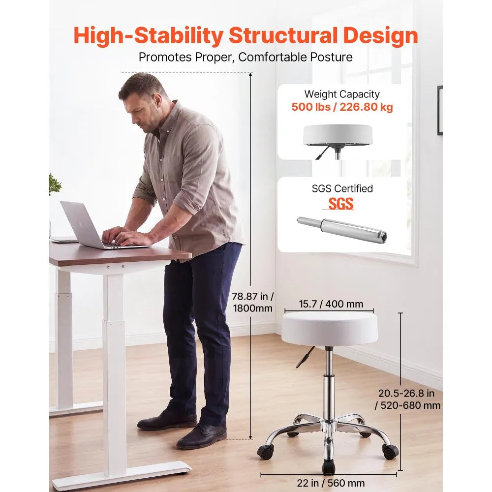 VEVOR Rolling Stool with Wheels, 500 lbs Weight Capacity, Height Adjustable, Thick Cushion Ergonomic PU Leather Seat, 360° Swivel Round Rolling Stool Chair for Salon, Spa, Clinic, Medical, White