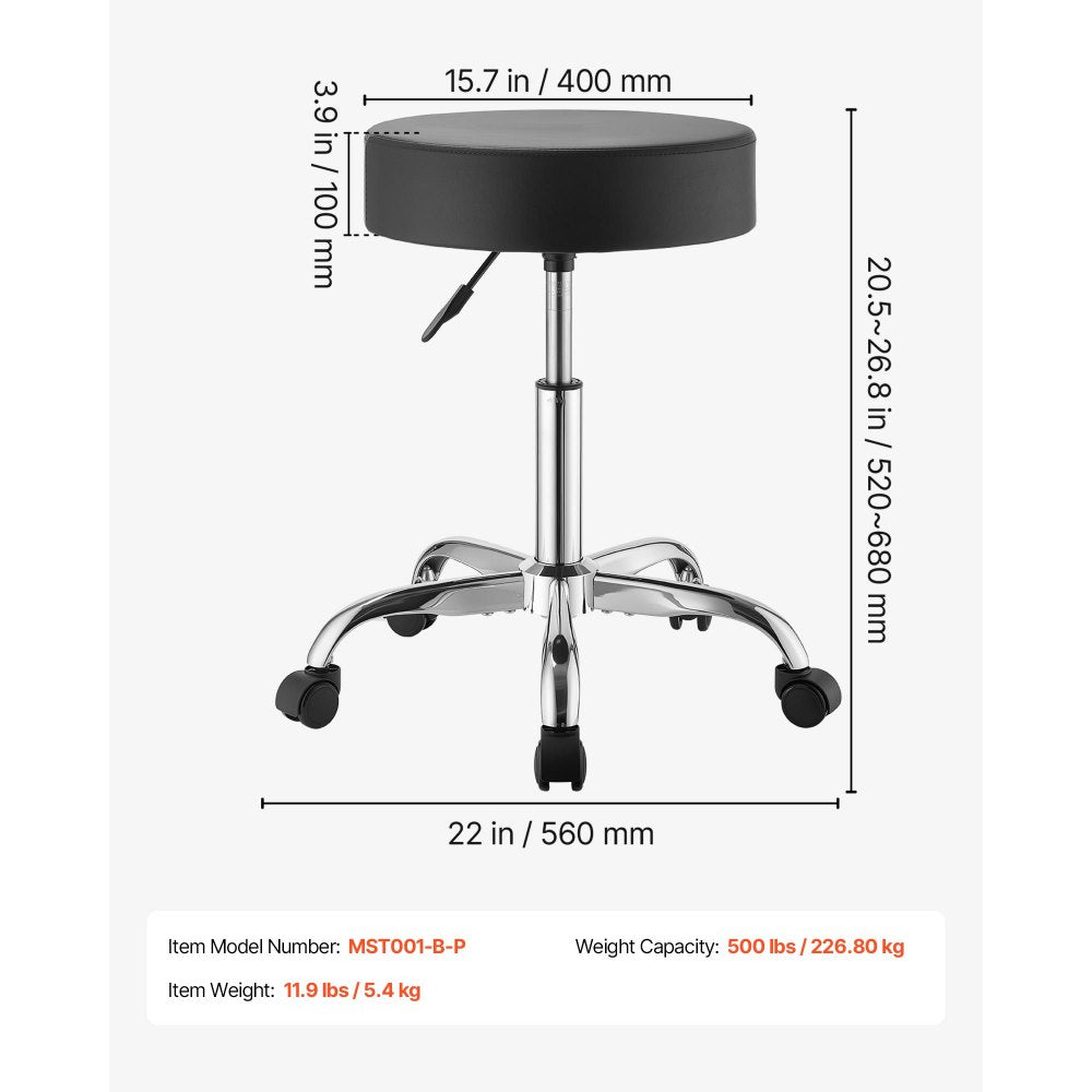 VEVOR Rolling Stool with Wheels, 500 lbs Weight Capacity, Height Adjustable, Thick Cushion Ergonomic PU Leather Seat, 360° Swivel Round Rolling Stool Chair for Salon, Spa, Clinic, Medical, Black