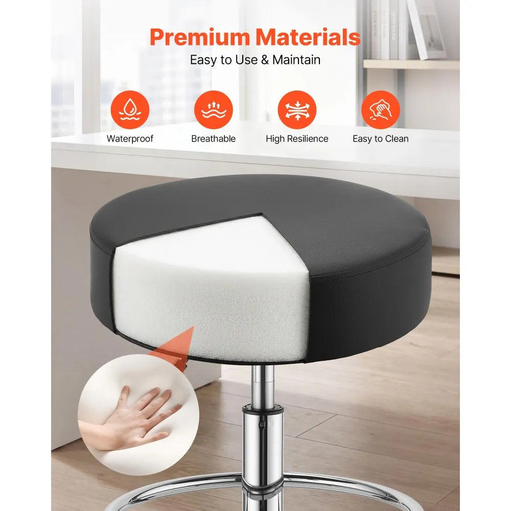 VEVOR Rolling Stool with Wheels Footrest, 500 lbs Weight Capacity, Height Adjustable, Thick Cushion Ergonomic PU Leather Seat, 360° Swivel Round Rolling Stool Chair for Salon, Clinic, Medical, Black