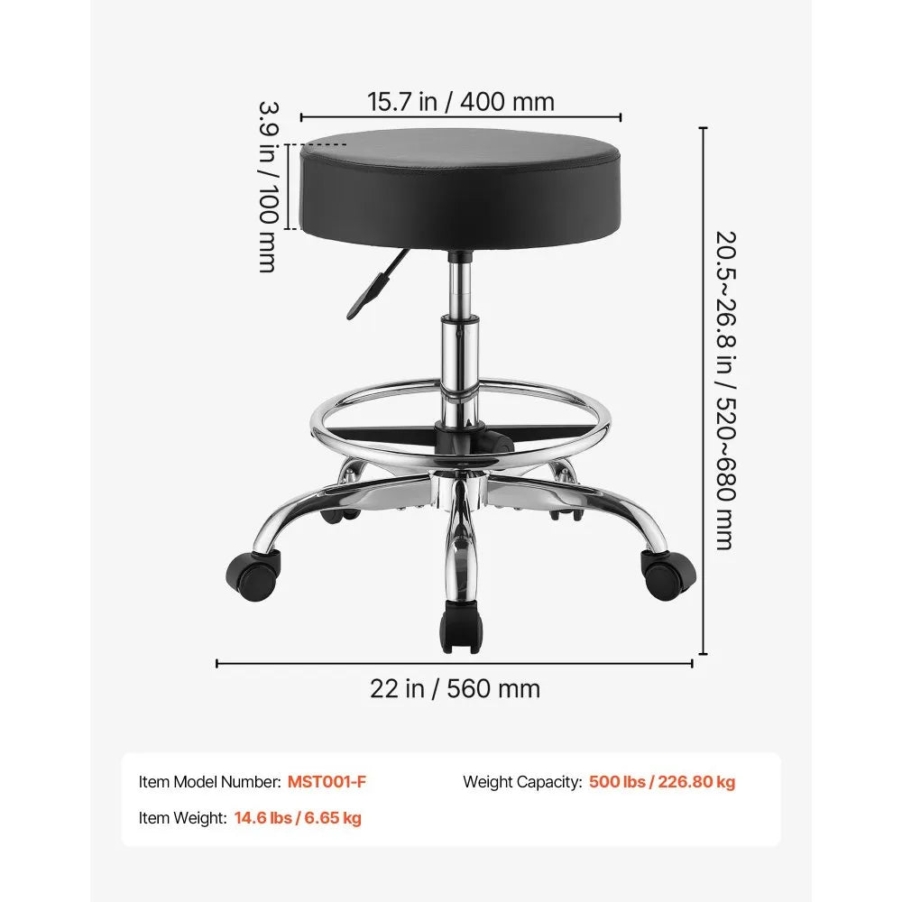 VEVOR Rolling Stool with Wheels Footrest, 500 lbs Weight Capacity, Height Adjustable, Thick Cushion Ergonomic PU Leather Seat, 360° Swivel Round Rolling Stool Chair for Salon, Clinic, Medical, Black