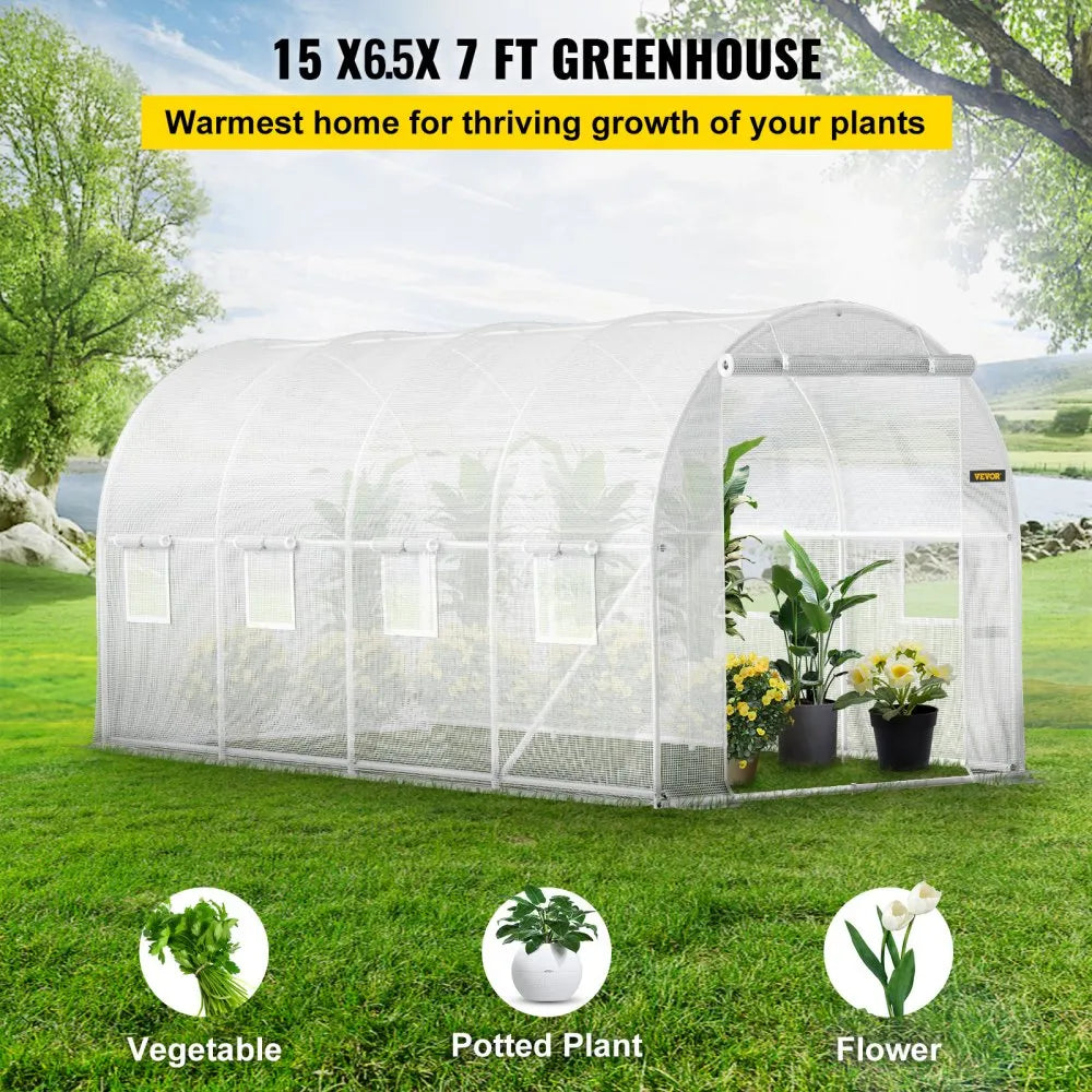 VEVOR 15 x 6.5 x 7 ft Walk-in Tunnel Greenhouse, Portable Plant Hot House with Galvanized Steel Hoops, 1 Top Beam, Diagonal Poles, Zippered Door & 8 Roll-up Windows, White